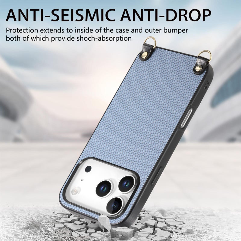 إيروريكس جراب خلفي من الجلد بملمس ألياف الكربون لهاتف iPhone 17 Pro مع حزام كروس (أزرق) - Image 3