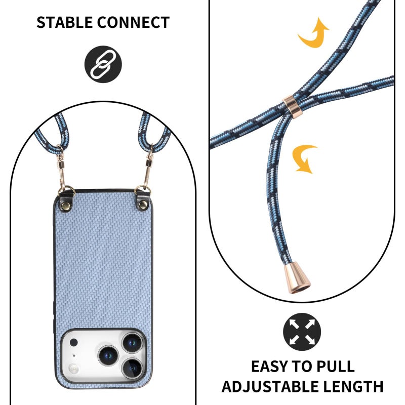 إيروريكس جراب خلفي من الجلد بملمس ألياف الكربون لهاتف iPhone 17 Pro مع حزام كروس (أزرق) - Image 5