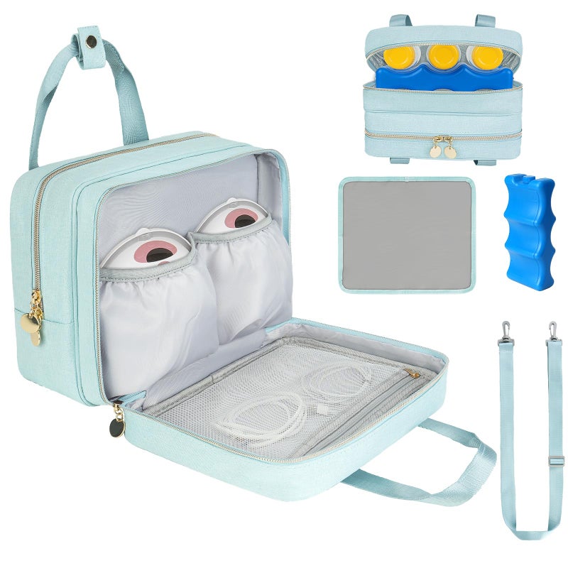Jaffzora Wearable Breast Pump Bag with Cooler CompartmentBreast Milk Pump Travel Bag Compatible with WillowElvieMedela PumpMomcozy M5S12 Pro Carrying Case for Pump Parts and BottlesBlue