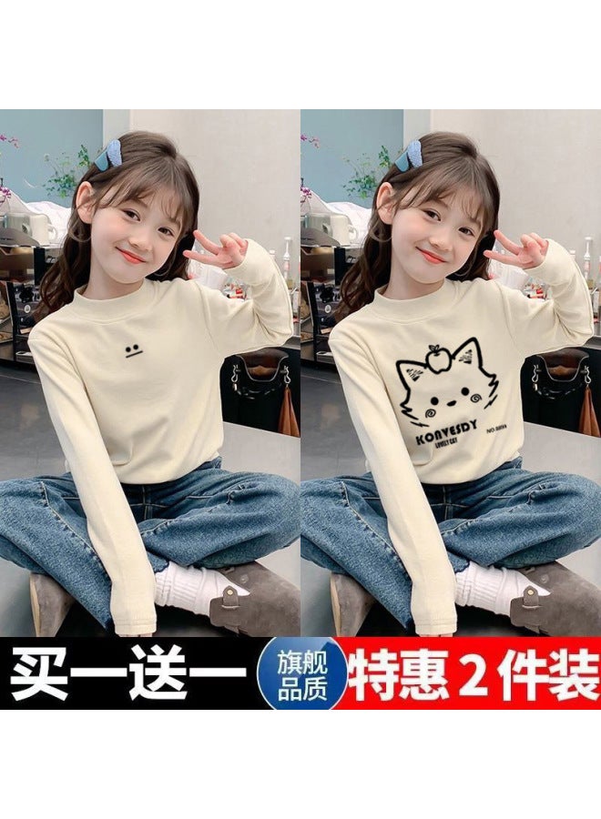 Girls' Double-sided Velvet Long-sleeved T-shirt New Medium And Large Children's Outer Wear Pullover Half Turtleneck Warm Base Layer Shirt