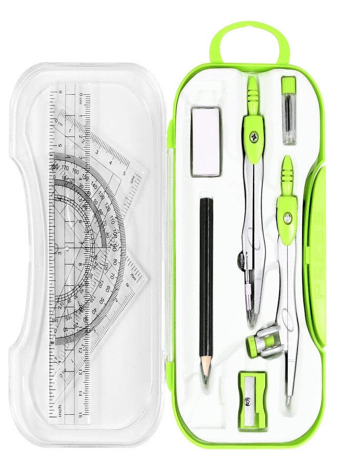 Unjoo Math Geometry Kit Sets 10 Piece Student Supplies with Shatterproof Storage Box,Includes Rulers,Protractor,Compass,Eraser,Pencil Sharpener,Lead Refills,Pencil,for Drafting and Drawings（Green） - Image 1