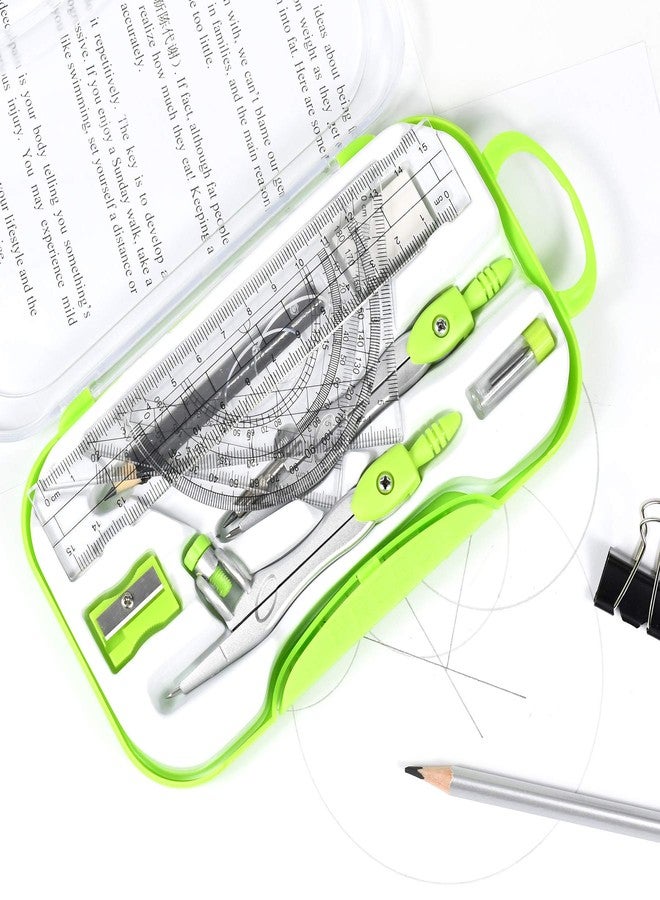 Unjoo Math Geometry Kit Sets 10 Piece Student Supplies with Shatterproof Storage Box,Includes Rulers,Protractor,Compass,Eraser,Pencil Sharpener,Lead Refills,Pencil,for Drafting and Drawings（Green） - Image 4
