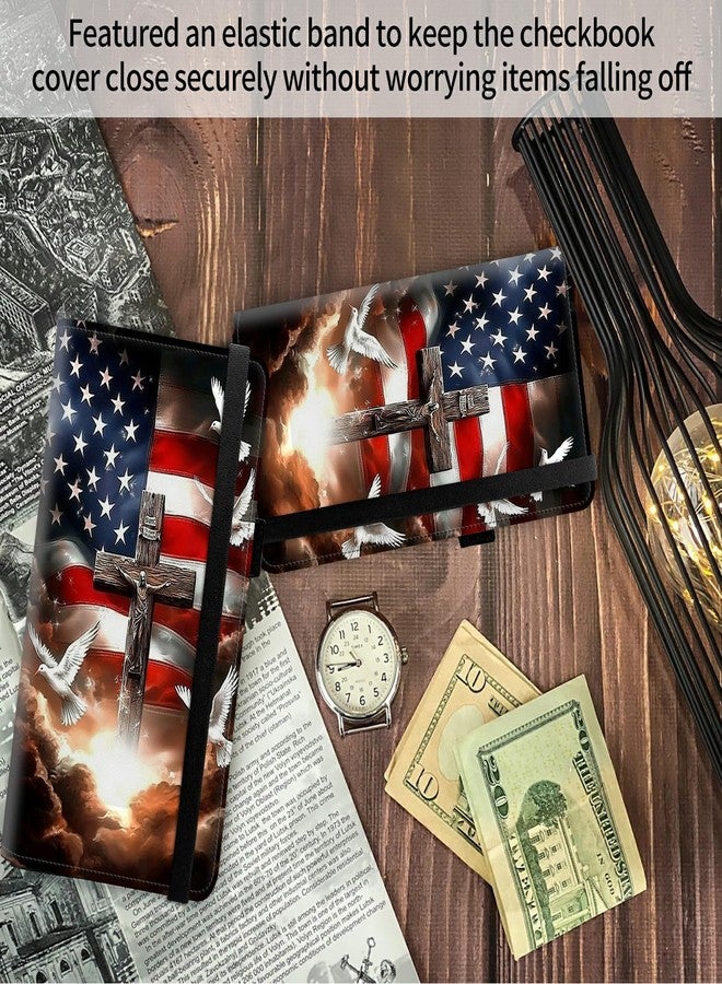 FUYOCWE Checkbook Covers for Personal Checkbook,Leather Checkbook Cover for Business/Personal Checks,RFID Blocking Check Book Cover Holder Wallets for Men Women-American Flag with Cross Dove - Image 4