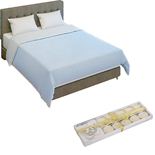 Ein Sof Cotton AC Blanket for Double Bed (90x100 inches) - Twin Design & Reversible Comforter, Soft Dohars for Mild Winters (Sky Blue), Fine Finish Blankets/Dohars Diwali Combo with Free Candle Set - Image 1