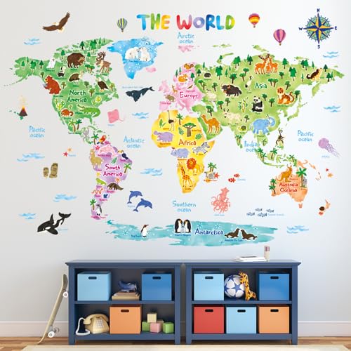 Decowall ديكووول DLT-1615 خريطة عالم الحيوانات ملصقات حائط للأطفال قابلة للإزالة واللصق لغرفة الأطفال وغرفة النوم وغرفة المعيشة (كبير جداً) - Image 2