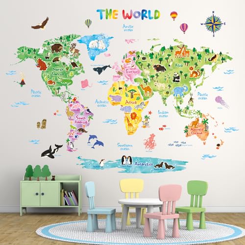 Decowall ديكووول DLT-1615 خريطة عالم الحيوانات ملصقات حائط للأطفال قابلة للإزالة واللصق لغرفة الأطفال وغرفة النوم وغرفة المعيشة (كبير جداً) - Image 3