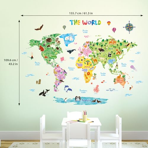 Decowall ديكووول DLT-1615 خريطة عالم الحيوانات ملصقات حائط للأطفال قابلة للإزالة واللصق لغرفة الأطفال وغرفة النوم وغرفة المعيشة (كبير جداً) - Image 5