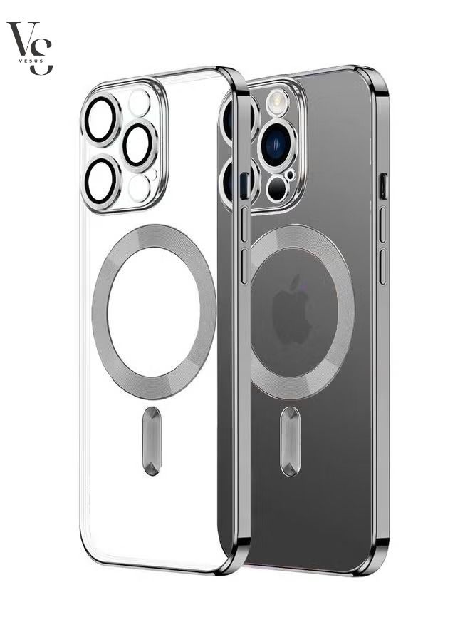 vesus apple  magsafe case magnetic clear Soft TPU Plating Case Wireless Charging Compatible Shockproof Camera Lens Protection Silver  - Image 1