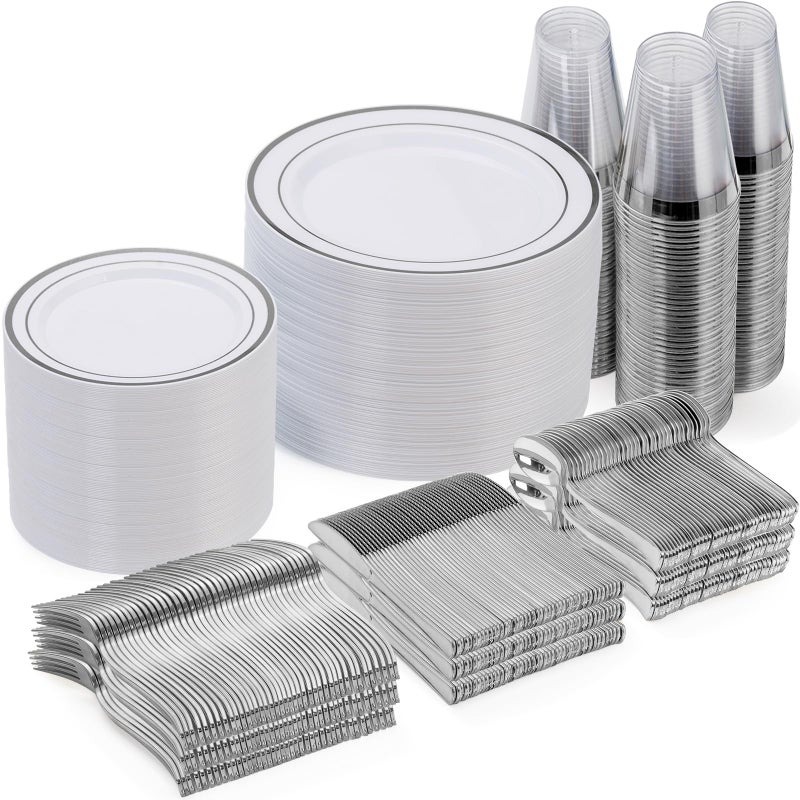 Goodluck 600 Piece Disposable Silver Plates for 100 Guests Plastic Dinnerware Set of 100 Dinner Plates 100 Salad Plates 100 Spoons 100 Forks 100 Knives 100 Cups Plastic Plates for Party