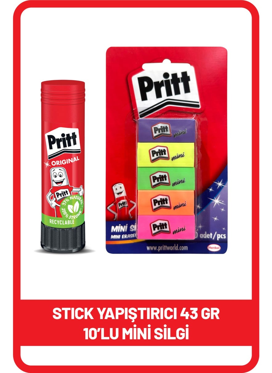 Pritt Stick 43 gr Shrink + Mini Eraser 10 Pack Blister 