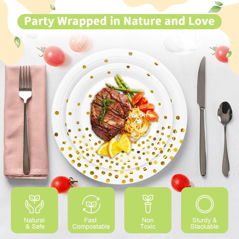 LANLISA 50 White and Gold Paper Plates Set Includes 25-9" & 25-7" Disposable Birthday Cake Dessert Plates for Party Supplies - Image 3