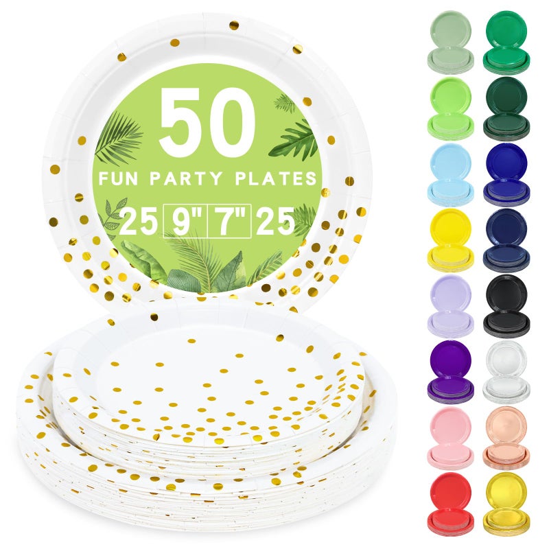 LANLISA 50 White and Gold Paper Plates Set Includes 25-9" & 25-7" Disposable Birthday Cake Dessert Plates for Party Supplies - Image 1