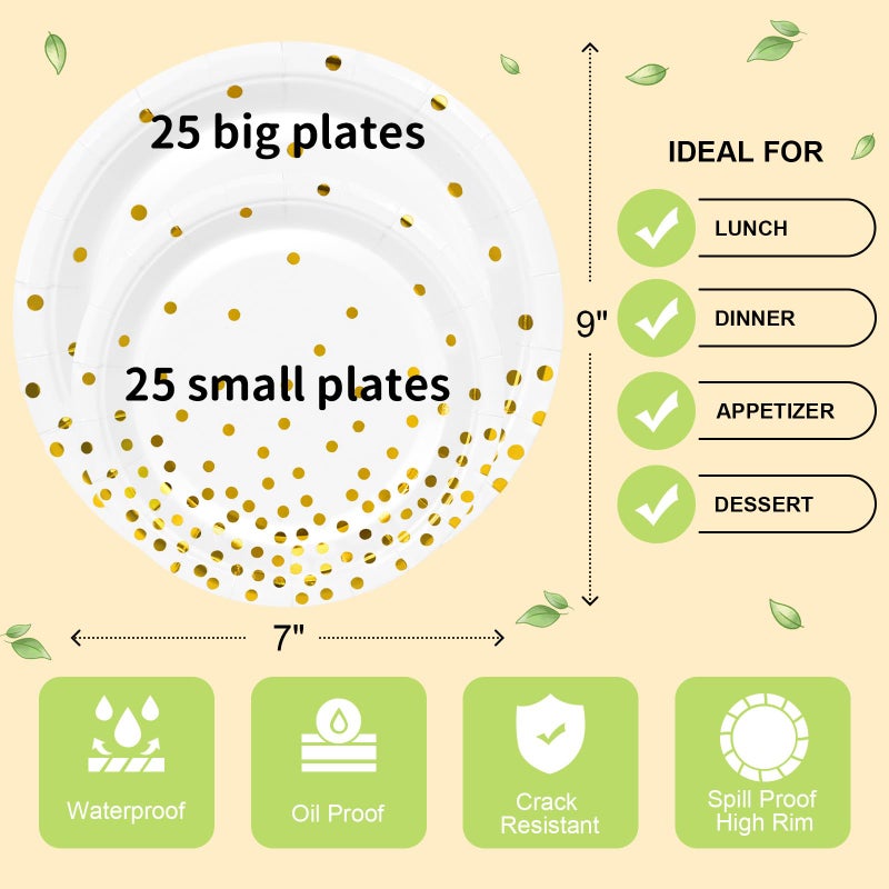 LANLISA 50 White and Gold Paper Plates Set Includes 25-9" & 25-7" Disposable Birthday Cake Dessert Plates for Party Supplies - Image 5