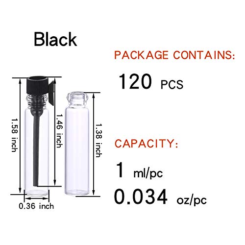 luojery 120Pcs 1Ml Mini Cute Empty Glass Perfume Essential Oils Sample Vials Bottles with Black Plastic Rod Caps Glass Vials Sample Dropper Bottle for Essential Oils Aromatherapy (120Pcs 1Ml Black Plastic Rod - Image 2