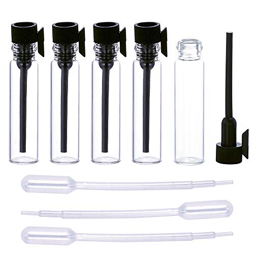 luojery 120Pcs 1Ml Mini Cute Empty Glass Perfume Essential Oils Sample Vials Bottles with Black Plastic Rod Caps Glass Vials Sample Dropper Bottle for Essential Oils Aromatherapy (120Pcs 1Ml Black Plastic Rod - Image 1