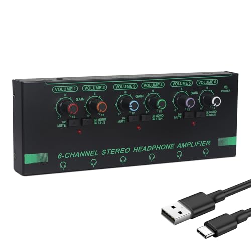 Horse Headphone Amp Amplifier 6Channel Metal Stereo Audio Amplifier Mini Earphone Splitter 14 18 TRSTS Audio Input and Output for Music Studio DC 12VGreenBlack - Image 1
