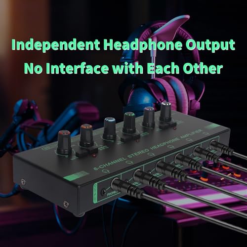Horse Headphone Amp Amplifier 6Channel Metal Stereo Audio Amplifier Mini Earphone Splitter 14 18 TRSTS Audio Input and Output for Music Studio DC 12VGreenBlack - Image 3