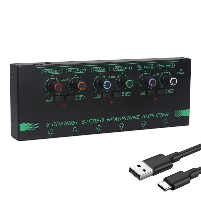 Horse Headphone Amp Amplifier 6Channel Metal Stereo Audio Amplifier Mini Earphone Splitter 14 18 TRSTS Audio Input and Output for Music Studio DC 12VGreenBlack - Image 2