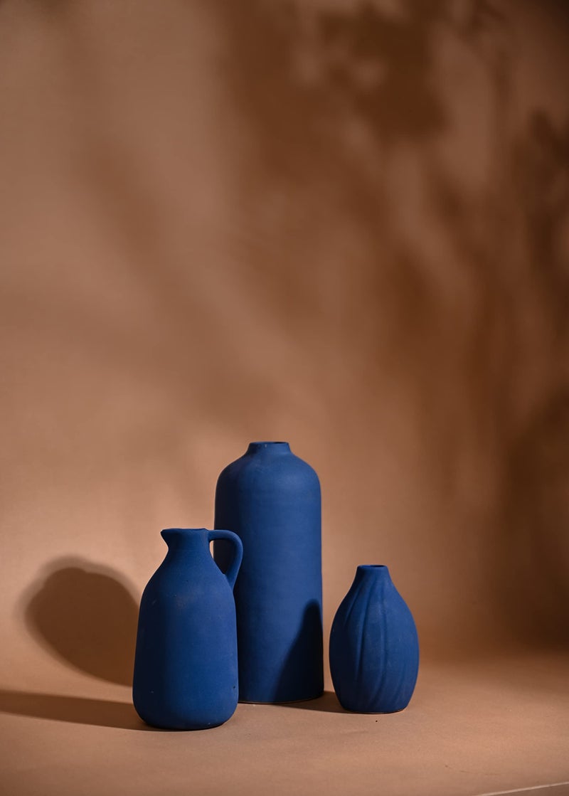 PUREZENTO Blue Tiara Ceramic Vase - Set of 3 | Elegant Matte Finish Vases for Modern Home Decor, Living Room & Office | Decorative Vase for Pampas Grass, Dried & Artificial Flowers - Image 4