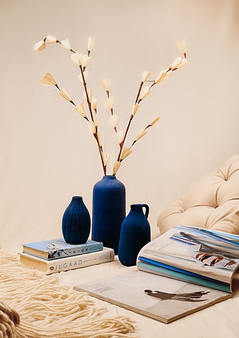 PUREZENTO Blue Tiara Ceramic Vase - Set of 3 | Elegant Matte Finish Vases for Modern Home Decor, Living Room & Office | Decorative Vase for Pampas Grass, Dried & Artificial Flowers - Image 3