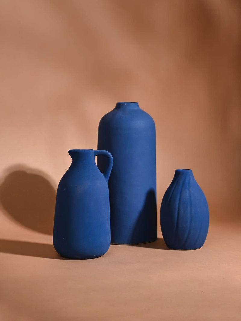 PUREZENTO Blue Tiara Ceramic Vase - Set of 3 | Elegant Matte Finish Vases for Modern Home Decor, Living Room & Office | Decorative Vase for Pampas Grass, Dried & Artificial Flowers - Image 5