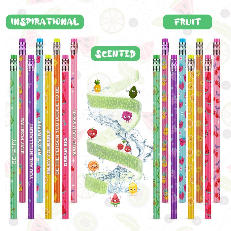 Leinuosen 120 Pcs Scented Pencils for Kids Cute Motivational Colorful Fun Wood HB Pencils Bulk with Erasers Fruit Elements for School Office Classroom Student - Image 3