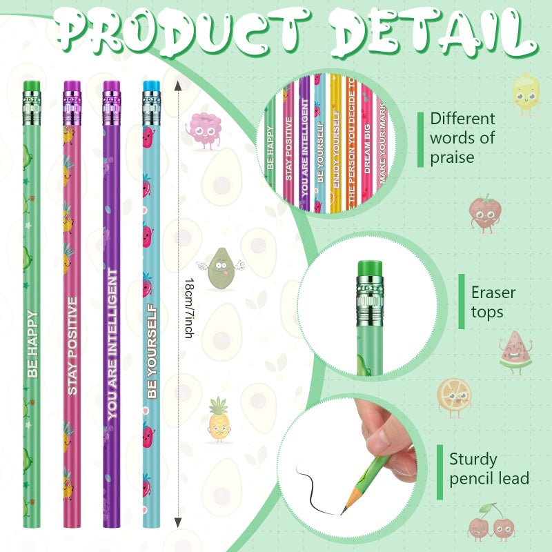 Leinuosen 120 Pcs Scented Pencils for Kids Cute Motivational Colorful Fun Wood HB Pencils Bulk with Erasers Fruit Elements for School Office Classroom Student - Image 2