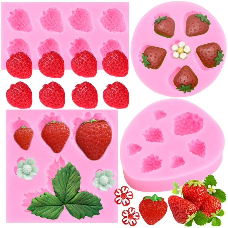 MIYAHOUSE Strawberry Fruit Fondant Mold Strawberry Flowers Leaves Silicone Molds For Cake Decoration Cupcake Topper Candy Chocolate Polymer Clay Gum Paste Set Of 4 - Image 1