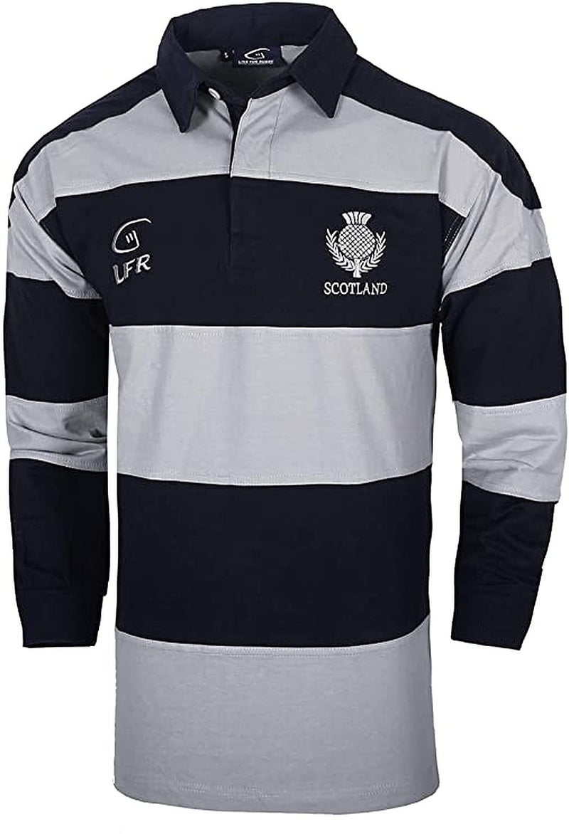 LIVE FOR RUGBY Scotland Hooped Grey and Navy Long Sleeve Rugby Shirt (3XL) - Image 3