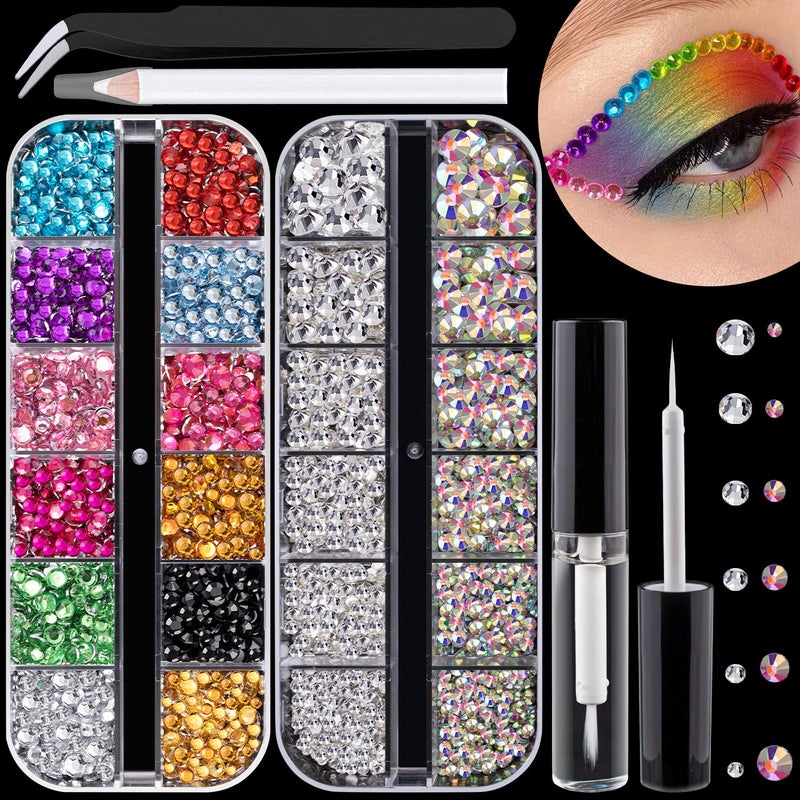 Flat Back Rhinestone Kits Colorful RhinestonesCrystal ABTransparent White Face Gems Nail Gem with Quick Dry Makeup GluePicker PencilTweezer for Bedazzling Face Makeup and Nail Art