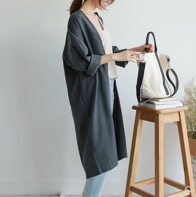 Mid-length Cotton and Linen Sunscreen Shirt Coat Womens Spring and Summer Korean-style Large Size Loose Linen Thin Over-the-knee Cardigan Trench Coat Navy - Image 1