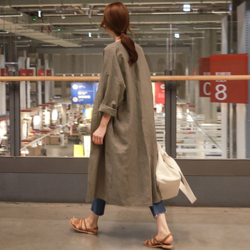 Mid-length Cotton and Linen Sunscreen Shirt Coat Womens Spring and Summer Korean-style Large Size Loose Linen Thin Over-the-knee Cardigan Trench Coat Navy - Image 4