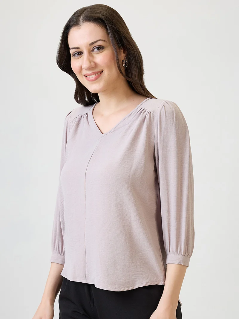 globus Women Grey Self Design V-Neck Gathered Detail Workwear Top