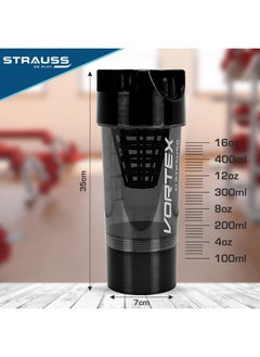 STRAUSS Vortex Shaker Bottle With Two Storage Compartments | 100% Bpa- Free Sipper Bottle | Leakproof Shaker For Protein Shake | Ideal Pre Workout And Bcaas| For Both Men And Women | 500Ml, (Black)  - Image 3