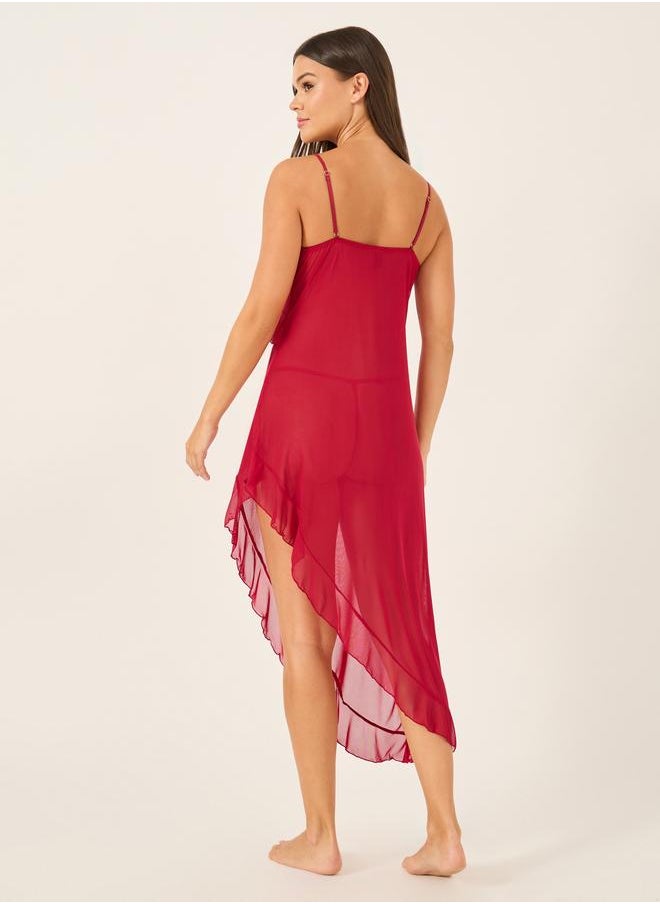 Styli Ruffle Edge Mesh Side Slit Midi Slip Dress with Briefs