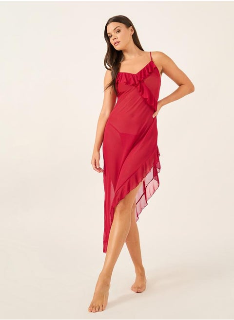 Styli Ruffle Edge Mesh Side Slit Midi Slip Dress with Briefs