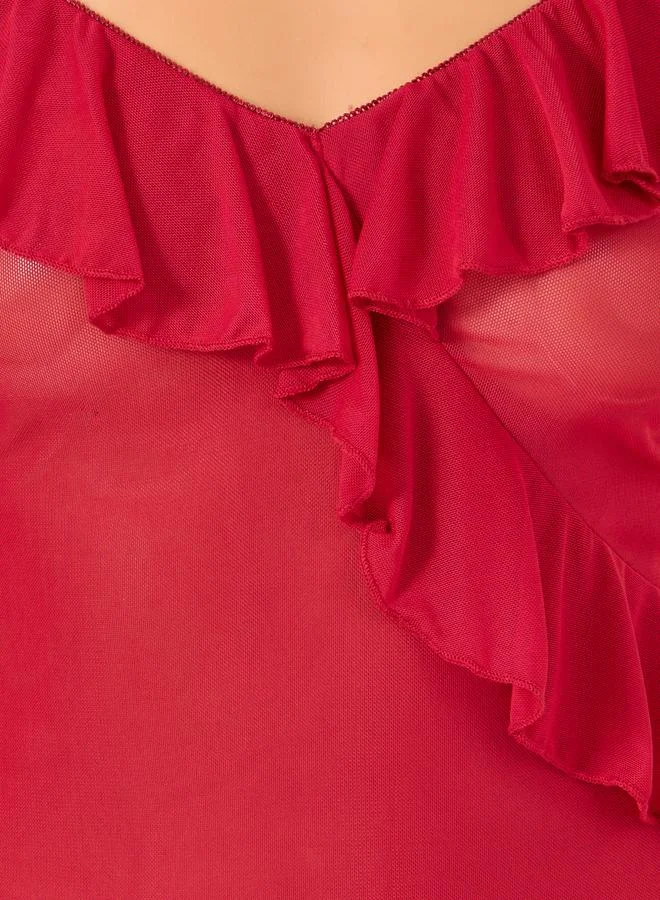 Styli Styli Ruffle Edge Mesh Side Slit Midi Slip Dress with Briefs