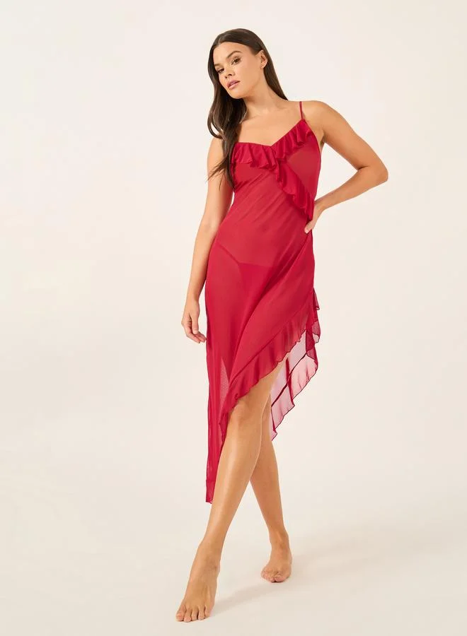 Styli Styli Ruffle Edge Mesh Side Slit Midi Slip Dress with Briefs