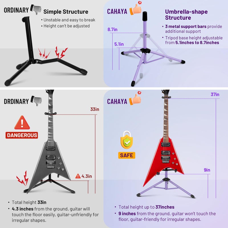 CAHAYA Folding Universal Guitar Holder - Floor Stand for Acoustic, Electric & Bass Guitars (Purple) - Image 3