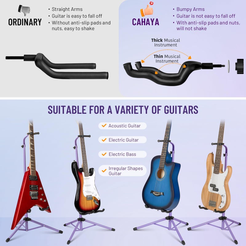 CAHAYA Folding Universal Guitar Holder - Floor Stand for Acoustic, Electric & Bass Guitars (Purple) - Image 5