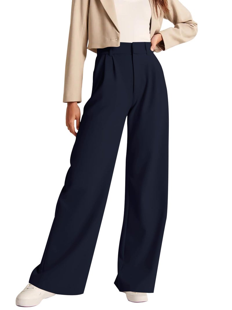 NIMIN High Waisted Work Pants for Women Office Business Casual Pants Dressy Trousers Wide Leg Slacks with Pockets 2025 Navy Blue Large - Image 1