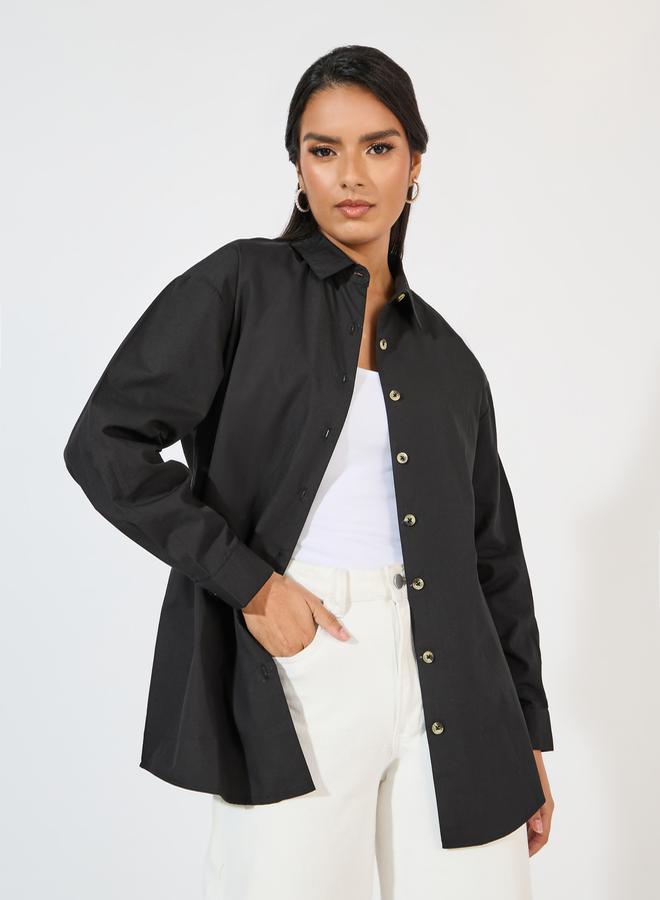 Styli Oversized Longline Shirt with Slogan Back Print  - Image 1