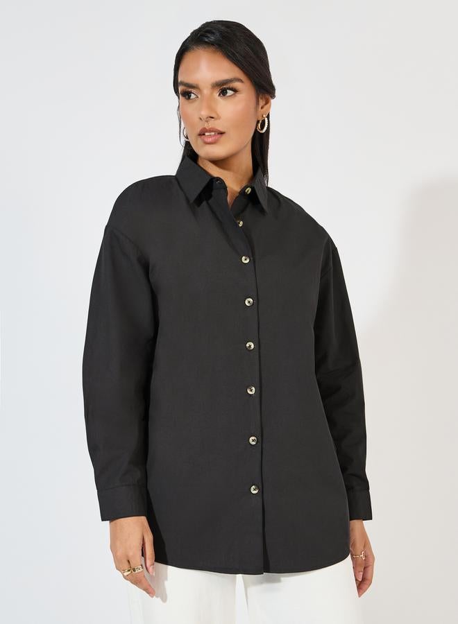 Styli Oversized Longline Shirt with Slogan Back Print  - Image 2