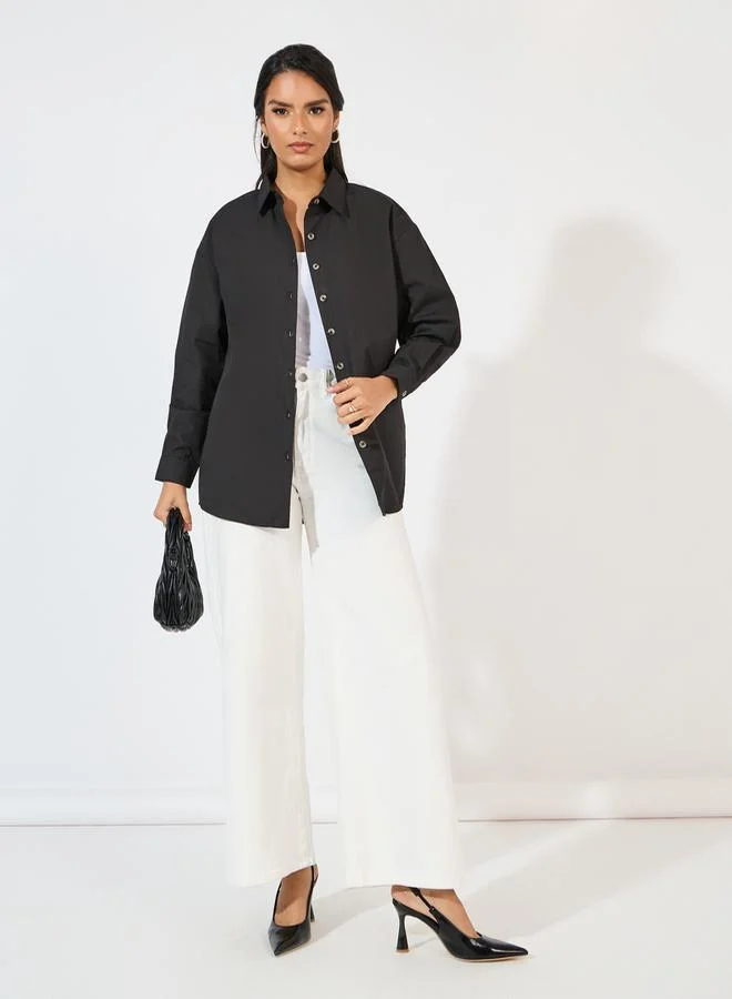 Styli Oversized Longline Shirt with Slogan Back Print