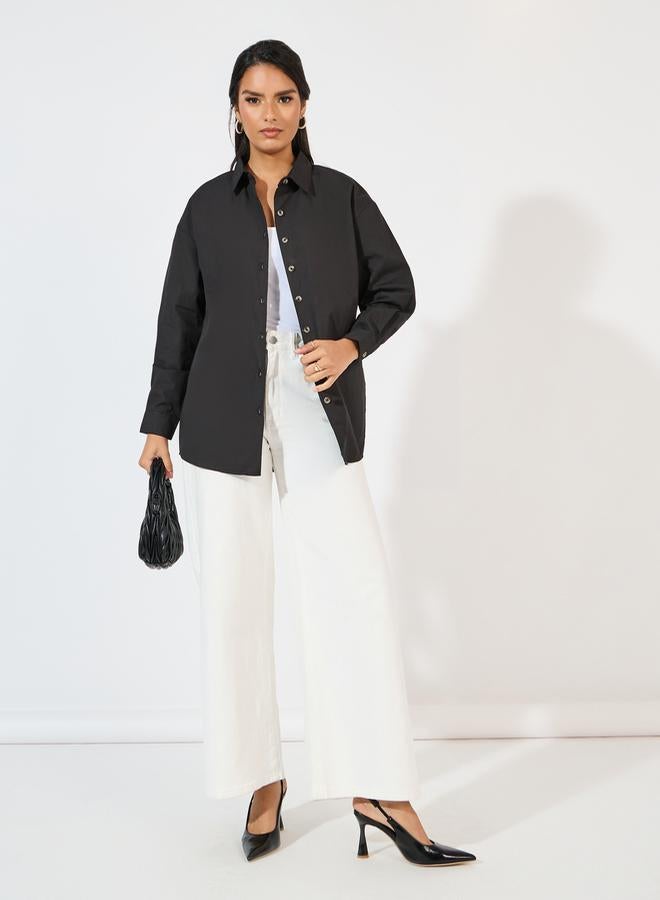 Styli Oversized Longline Shirt with Slogan Back Print  - Image 3
