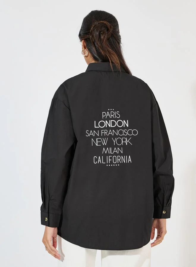 Styli Oversized Longline Shirt with Slogan Back Print
