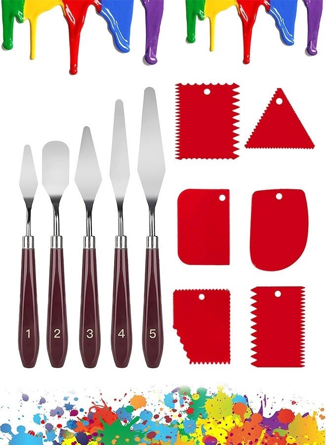 11 Pcs Palette Knife Set, 5 Pcs Stainless Steel Palette Knives and 6 Pcs Plastic Scrapers, Painting Accessories for Oil Acrylic Canvas Painting Color Mixing Thick Paint Applications (Red) - Image 1