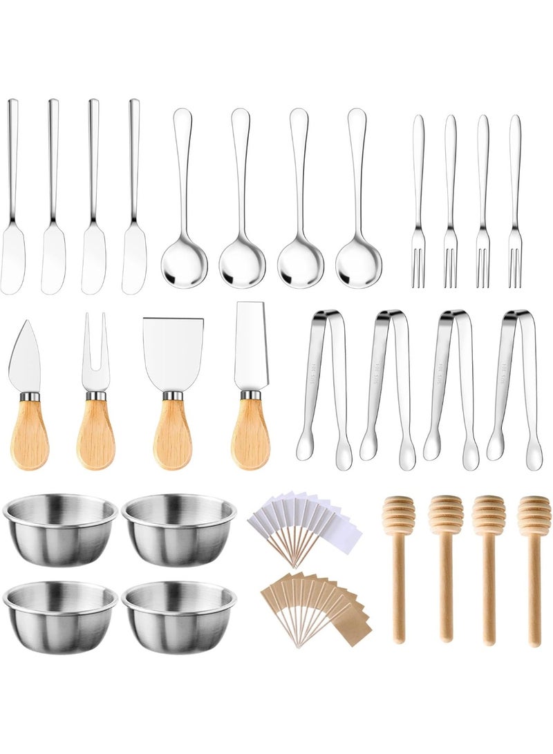 Soofam 48 Pcs Charcuterie Boards Accessories Butter Spreader Knives Set Stainless Steel Cheese Mini Serving Tongs Spoons Forks Dipping Bowl Toothpick Flags Utensil for Pastry Making Wedding Christmas(Sliver) - Image 1