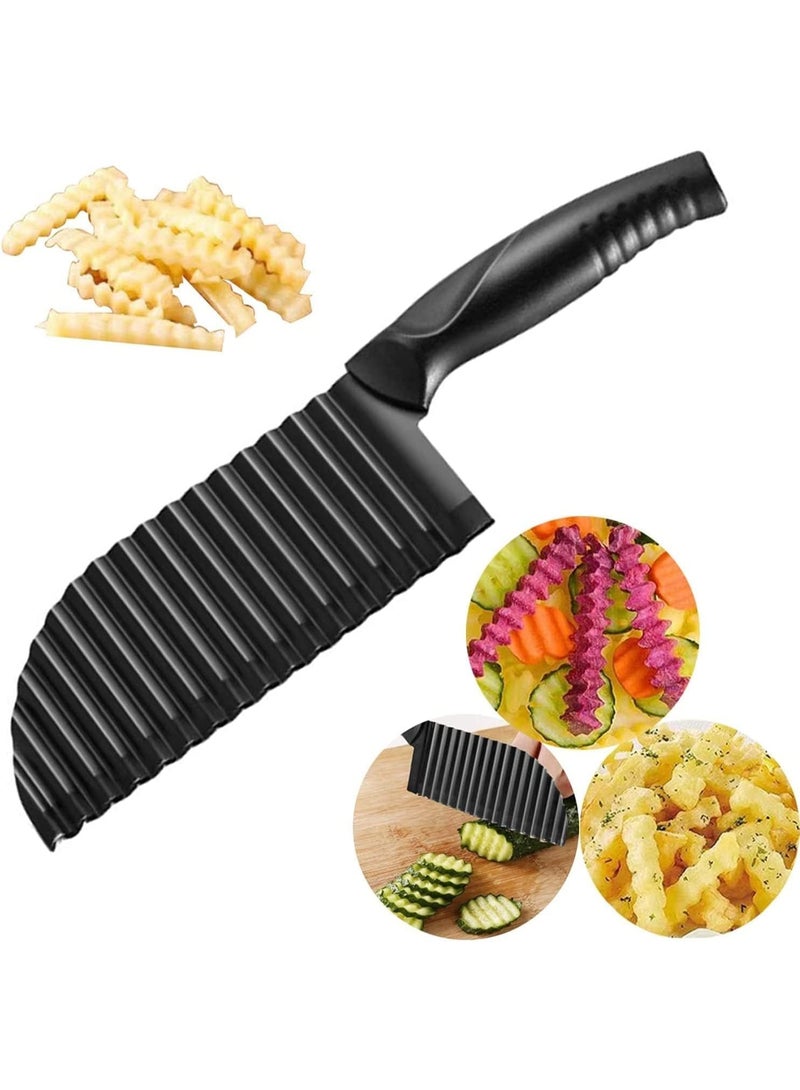 Crinkle Potato Cutter - 7.4cm x 30cm 420 Stainless Steel Waves French Fries Slicer, Save-effort Handheld Chipper Chopper, Vegetable Salad Chopping Knife Home Kitchen Wavy Blade Cutting Tool, Black - Image 1
