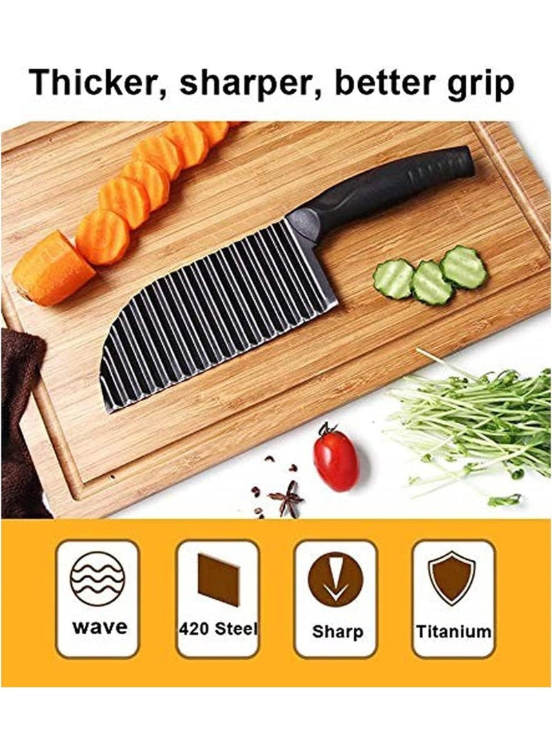 Crinkle Potato Cutter - 7.4cm x 30cm 420 Stainless Steel Waves French Fries Slicer, Save-effort Handheld Chipper Chopper, Vegetable Salad Chopping Knife Home Kitchen Wavy Blade Cutting Tool, Black - Image 3